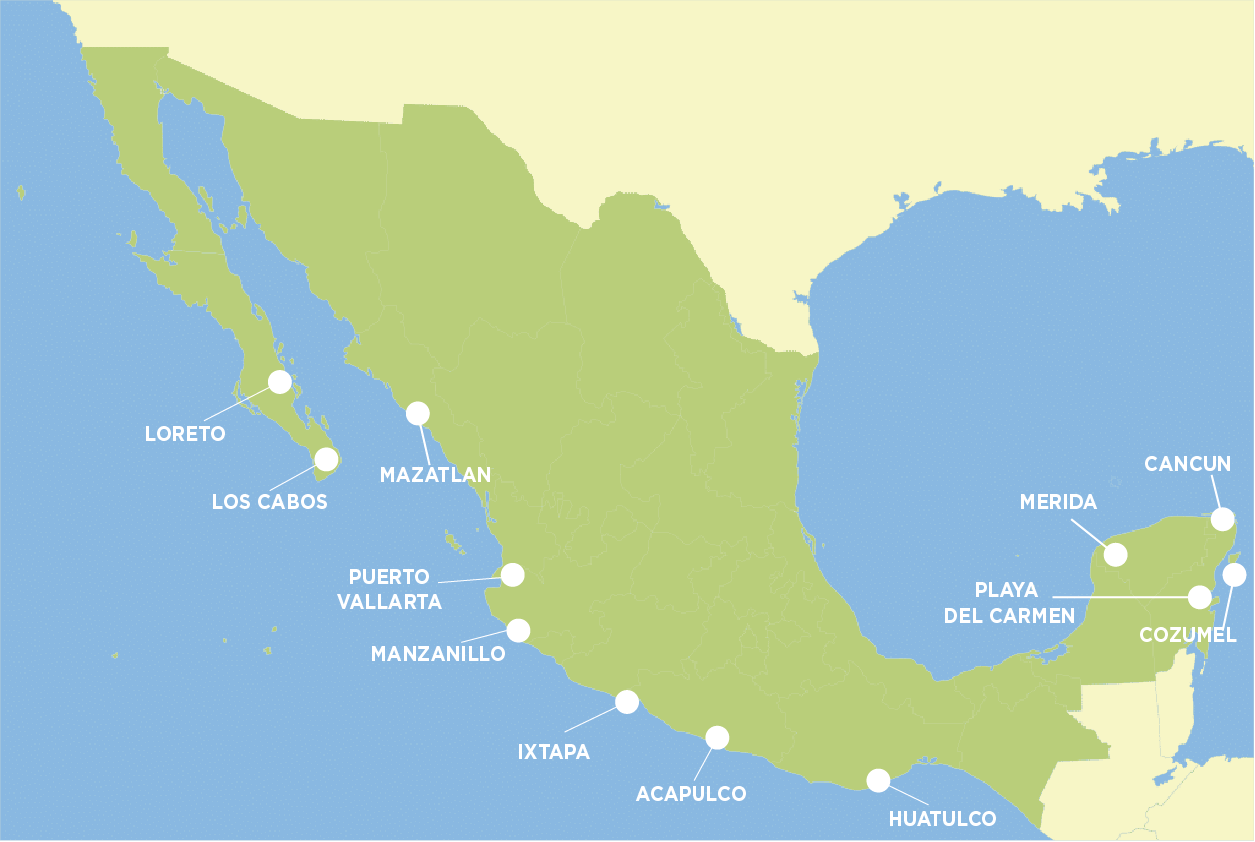 Mapa de las principales ciudades con playa donde comprar casa en México